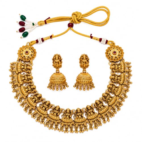 Image of Gold-Plated Antique Temple Jewellery Set for Women - Traditional Necklace with Large Peacock Pendant & Matching Jhumka Earrings | Ethnic Festive & Bridal Wear Set with Ruby & Emerald Accents