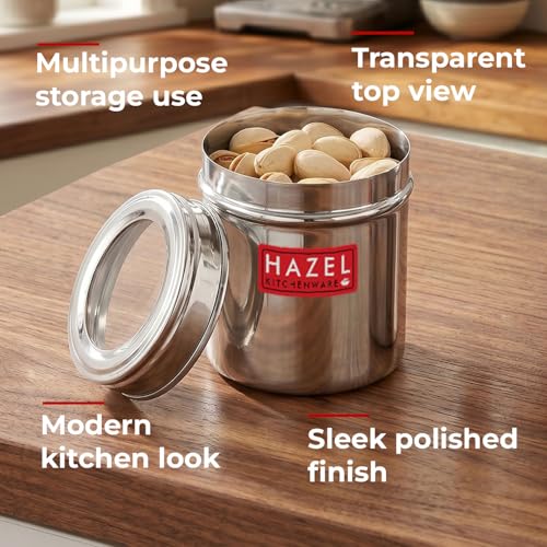 Image of HAZEL Stainless Steel See Through Container 250 ml | Steel Storage Jar with Transparent Lid | Small Kitchen Container for Spices, Dry Fruits & Snacks