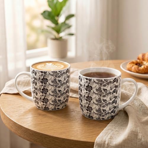 Image of UPC Coffee Mug Set of 6 | Black & White Floral Print Tea /Coffee Cups | Bone China Mugs for Home & Kitchen | Dishwasher Safe Gifting Set