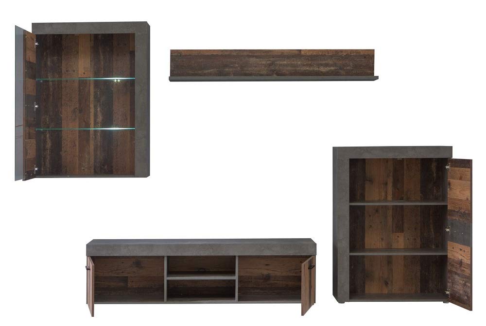 Forte Grigor Wohnwand mit 4 Türen, Holzwerkstoff, Old Wood Wintage mit Betonoptik Dunkelgrau, B x H x T: 290 x 192,3 x 41 cm