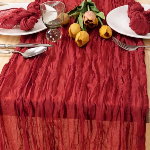 Image of MLMC 3 Pack Red Table Runner Boho Rustic Gauze Cheesecloth Table Runner Sheer Cheese Cloth Centerpiece Decor 35x120 Inches for Wedding Reception Annniversary Decor