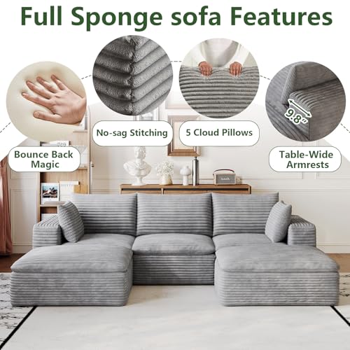 Image of 103 inch Cloud Couch Modular Sectional Sofa for Living Room, U-Shape Boneless Couch with Deep Seat, Modern Corduroy 3-Seater with Ottoman, No Assembly Required, Light Grey