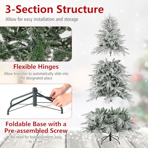 Image of Goplus 6 FT Pre-Lit Snow Flocked Christmas Tree, Artificial Hinged Xmas Tree with 594 PE & PVC Mixed Branch Tips, 250 Warm White LED Lights, Foldable Metal Base, Home Office Decoration