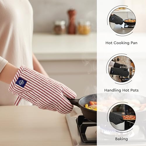 Image of Encasa XO 100% Cotton Apron Set for Women & Men with Adjustable Apron, Oven Gloves & Pot Holder (Pack of 3) Combo, Heat-Resistant, Soft & Durable for Cooking, Baking & Grilling (Ticking Red)