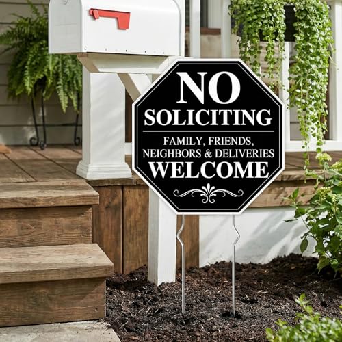 Image of No Soliciting Sign for House, No Soliciting Yard Sign, 2-Pack 10 inchx10 inch Double-Sided Stake Metal Stakes, Outdoor Yard Sign for Home and Front Door, Easy To Install