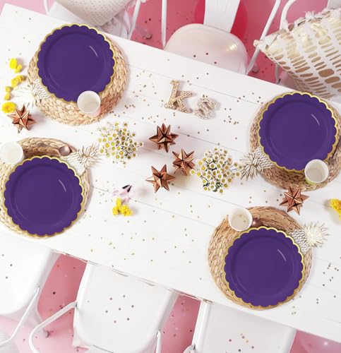 Image of HEIPINIUYE 50 Pieces Purple Paper Plates with Gold Foil 9 Inch Disposable Purple Scalloped Dinner Plates for Wedding Baby Shower Birthday Party Dessert Plate