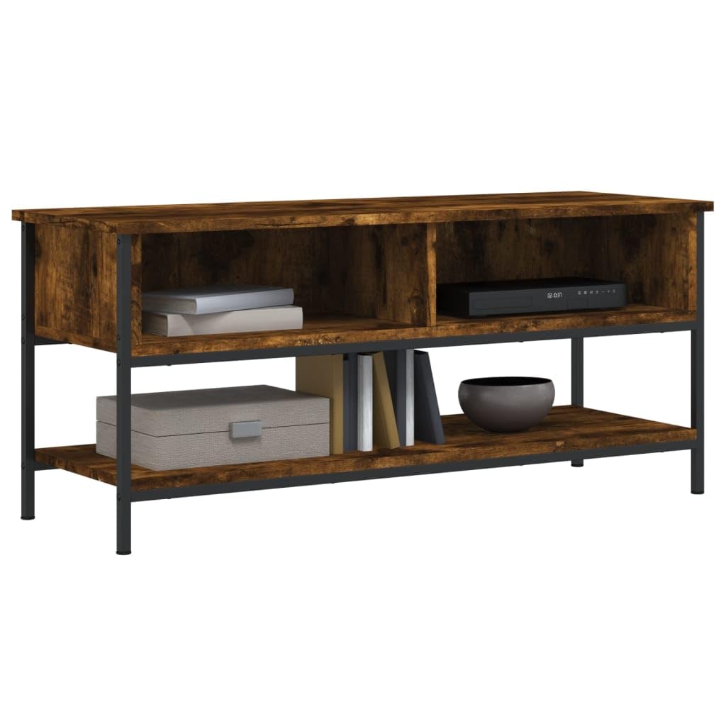 Szafka pod telewizor, dąb wędzony, 100 x 35 x 45 cm, materiał drewnopochodny z żelaznymi nogami, komoda do salonu, miejsce do przechowywania z półką, półką, klapą i regałem, nadaje się do