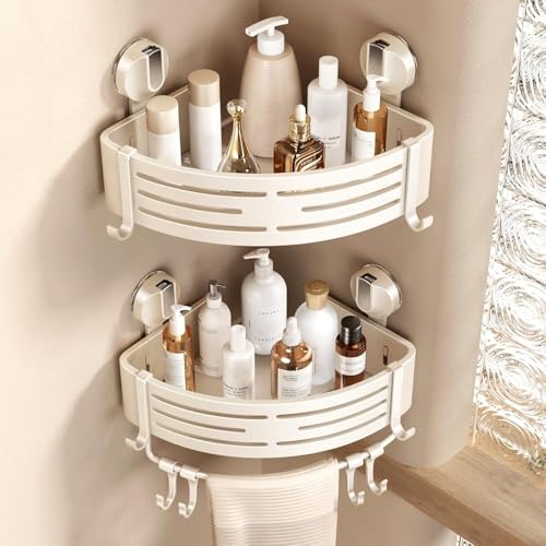 Voldra Etagere Douche Angle Ventouse, 2 PièCes Etagere Angle Salle De Bain Sans Percage avec Porte Serviettes et Crochets Rangement et Organisation de La...
