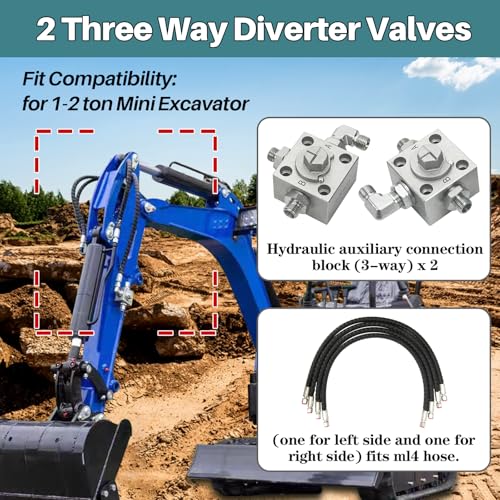 Image of 2PCS 3-Way Diverter Valve Kit for 1-2 Ton Chinese Mini Excavator Alloy Steel Hydraulic Valves w /Quick Connects & 31 inch Flexible Hoses (Fits M14 /M16)