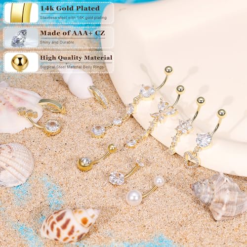 10pcs 14k Gold Plated 14G Belly Button Rings for Women Surgical Steel Dangle Belly Rings CZ Clicker Belly Button Rings Hypoallergenic Heart Flower Butterfly Navel Piercing Jewelry3