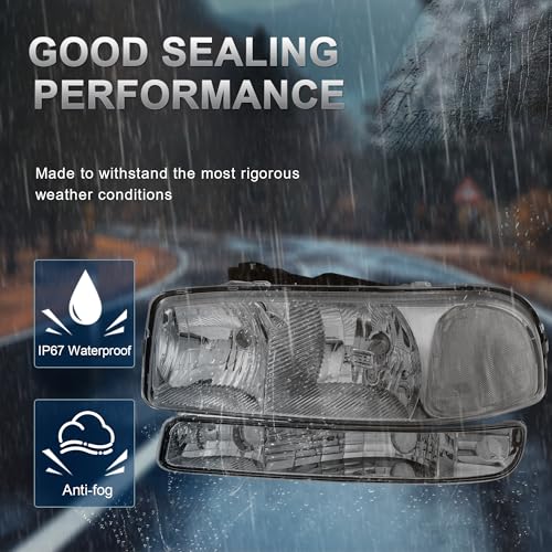 KUIPERAUTO Headlight Assembly Front Lamp Compatible with 1999-2006 GMC Sierra 1500 2500, 2000 2001 2002 2003 2004 2005 2006 GMC Yukon Head lamp with Chrome Housing/Smoked Lens/Clear Corner W/Bulb by KUIPERAUTO - Image 2