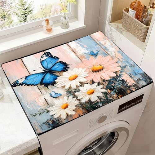 Image of Washer Dryer Top Cover Mat, Non-Slip Laundry Room Decor, Laundry Room Kitchen Appliance Decor Protector Universal 23.6 inchx19.7 inch (Blue Butterfly Daisy)