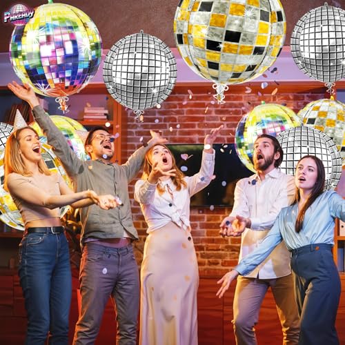 Image of 6pcs 22 Inch Colorful Disco Ball Balloons, Silver Big Disco Balloons, Pink Multicolor 4d Large Foil Balloon For Birthday Baby Shower 70s 80s 90s Theme Party Wedding Engagement New Year Decorations