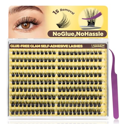LASHVIEW 198+Pcs Self Adhesive Eyelashes Press On Lashes Pre Glued Eyelash Extension Kit with Lash Tweezer 10-16mm No Glue No Remover Needed Self Adhesive Lashes Clusters A14
