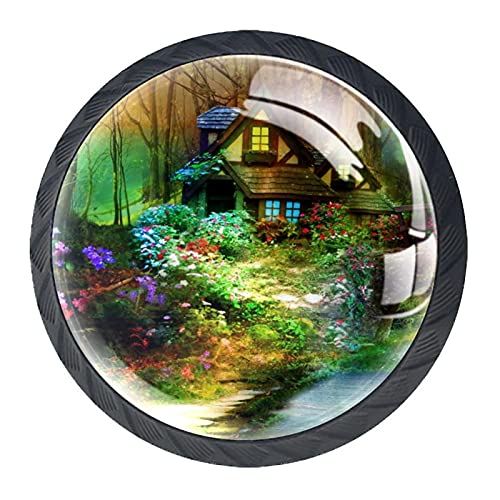 Set mit 4 Möbelknäufen mit Feenwald, Hütte, Holzscheite, Blumen und Bäumen, für Schublade, Schrank, Kommode, Schrank, Möbel, Tür, Küche