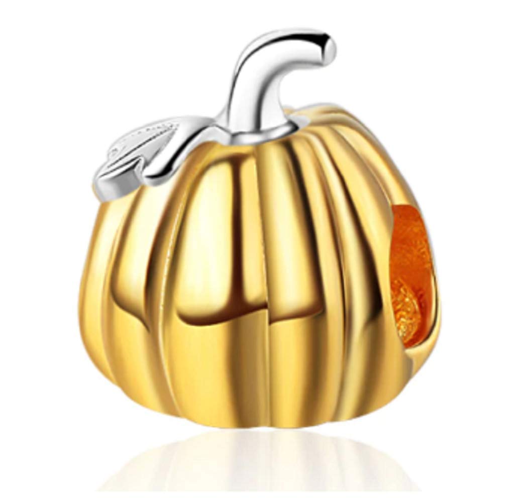 EVESCITY COLLECTIONGolden Pumpkin Halloween Decor 925 Sterling Silver Beads for Charm Bracelets Best Jewelry Gifts for Her