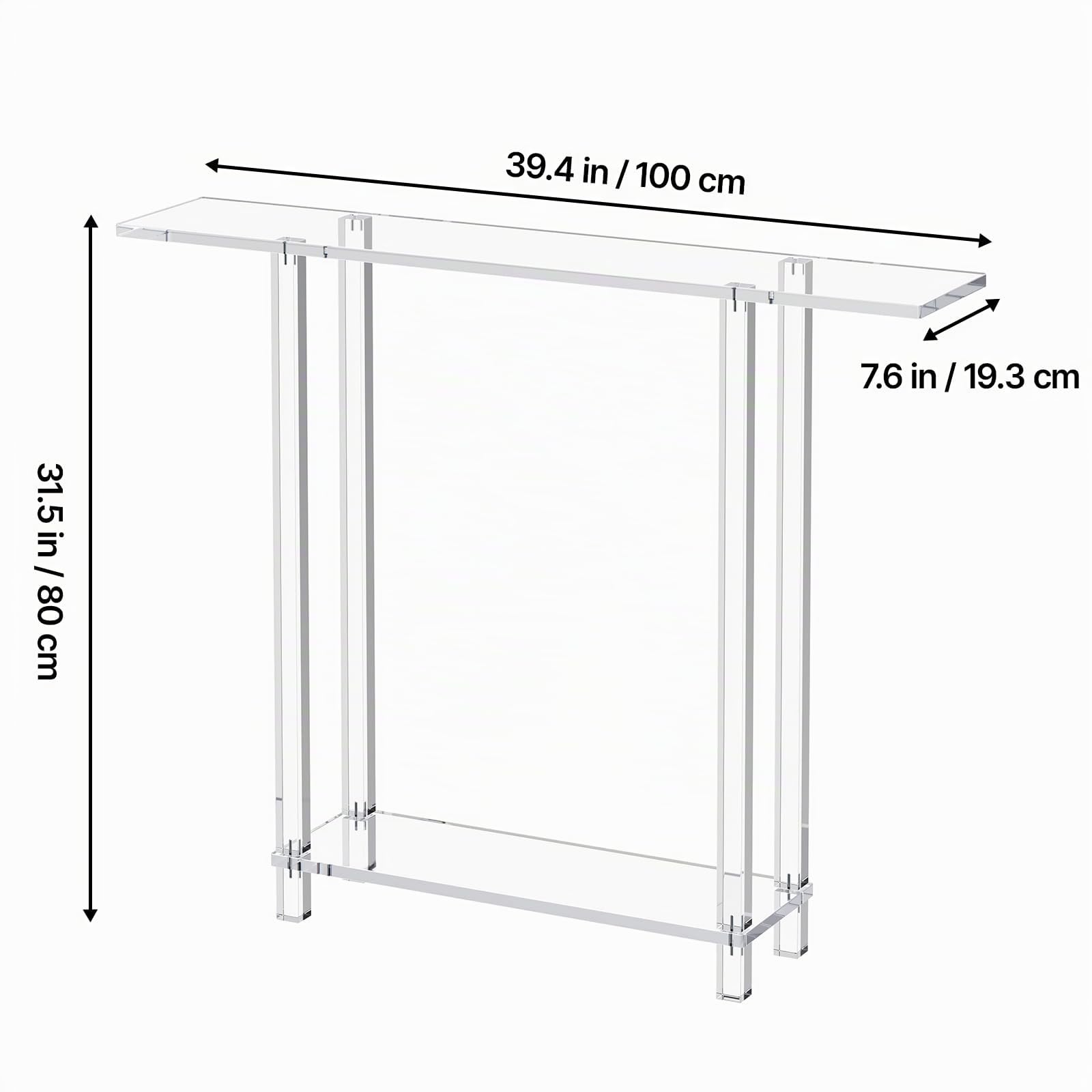 VEVOR Tavolo Consolle in Acrilico, con 2 Ripiani e Vano Portaoggetti Sottostante, Tavolino Rettangolare Moderno, Tavolo da Ingresso per Atrio, Corridoio, 19,3 x 100 x 80 cm, Trasparente