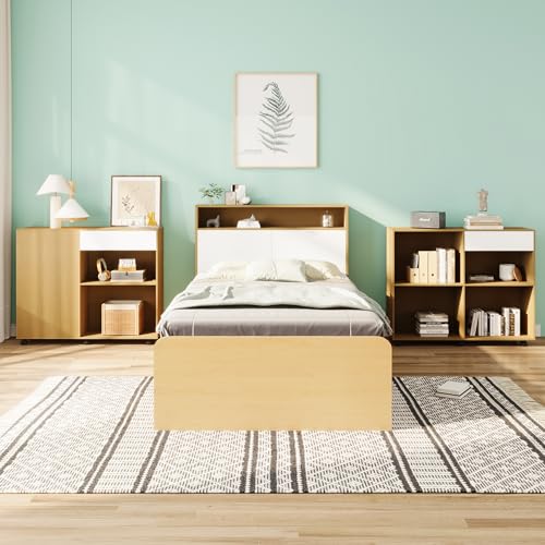 Juego completo de dormitorio juvenil, cama individual + armarios, cama juvenil, cama de panel con 4 cajones, 2 armarios con ruedas en el suelo, tablero de fibra de densidad media + tablero de