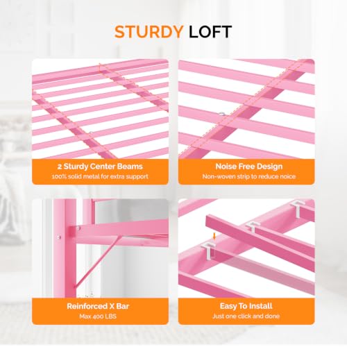 Image of VINGLI Loft Bed Queen Size with Charging Station and LED Lights,Safety Guardrail and Stair for Teens /Adults, No Box Spring Needed, Heavy Duty Metal Support Slat, Pink
