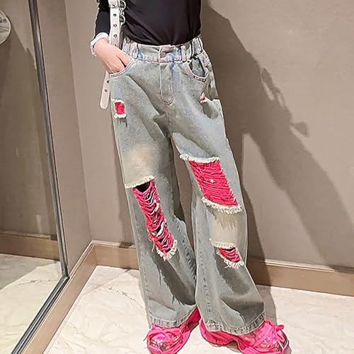 Ripped Denim Jeans for Kids Wide Leg Straight Adjustable High Waisted, Y2k Casual Streetwear Denim Pants for Girls2