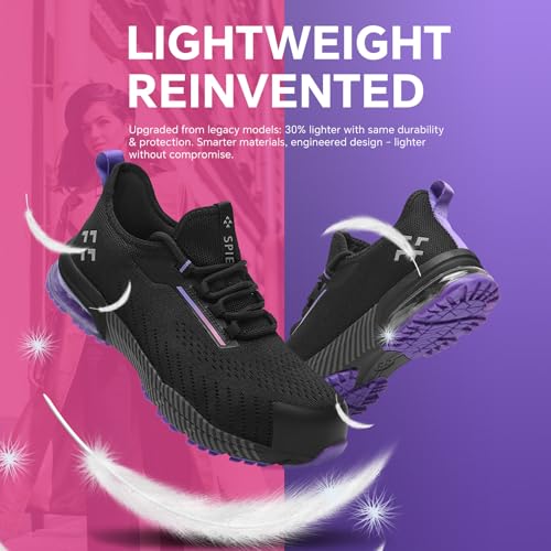 SPIEZ Women‘s Safety Shoes Lightweight - Non Slip Composite Toe Work Shoes with Air Cushion, Slip on Fashion Sneakers for Woman Daily Wear with Arch Support Insole, Black Purple US 5-9.54
