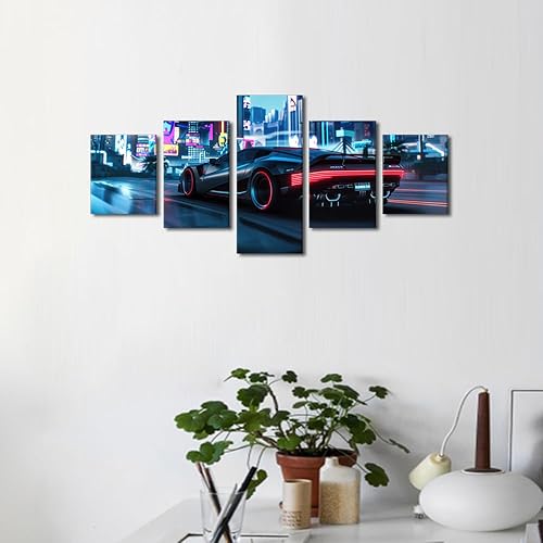 Miniatura 2 de Lienzo decorativo para pared, 5 paneles, decoración de pared de auto de carreras futurista Cyberpunk, estilo de juego para sala de estar,