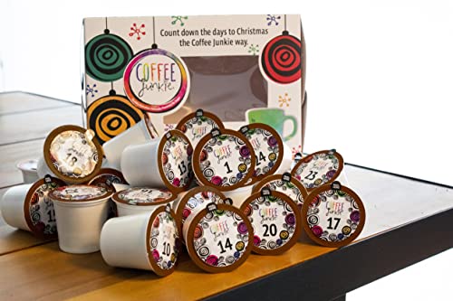 Coffee Junkie Gourmet Coffee Advent Calendar, single serve pods. We roast only Certified Organic Coffee beans and flavour with NO sugar, calories, allergens or alcohol. Healthy Hydration. Each day a new flavor, each day a little caffeinated kindness under the label. Count down the days to Christmas, the Coffee Junkie way.