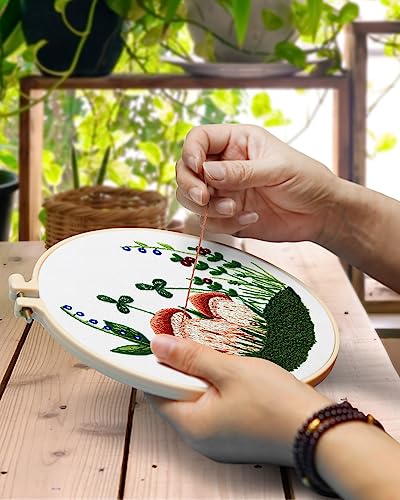 Image of Embroidery Kit for Adult, 5 Sets Mushroom Embroidery Kit for Beginners | Include Embroidery Cloth Hoops Threads for Craft Lover Hand Stitch with Embroidery Skill Techniques
