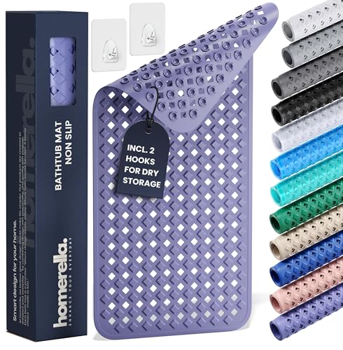 Bathtub Mat Non Slip 35x16 - homerella® Bath Mat Incl. Hooks for Drying, Extra Long, 100% BPA Free, Shower Mat Non Slip Anti Mold, Machine Washable, Shower Mats for Inside Shower Mildew Resistant
