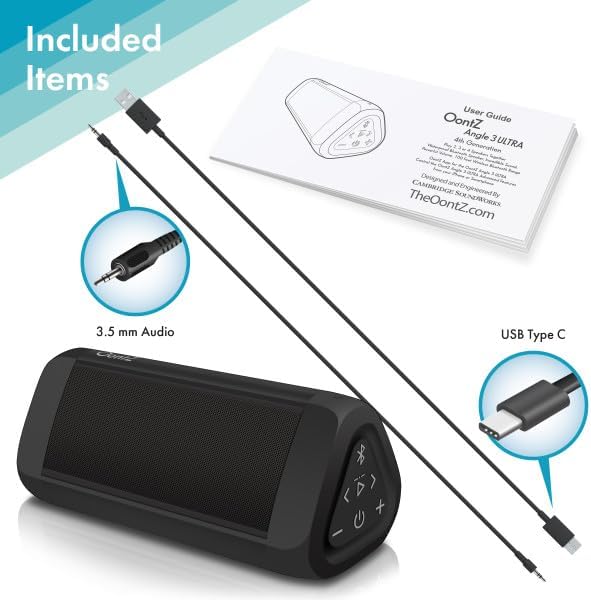 Zawartość opakowania OontZ Angle 3 Ultra: głośnik, instrukcja obsługi, kabel audio 3.5 mm, kabel ładujący USB typu C