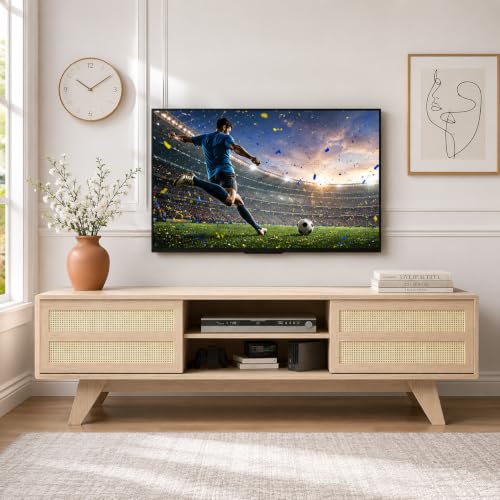 Image of Claiks Boho TV Stand for 70 Inch TV, Modern TV Console with 2 Rattan Storage Cabinets & Adjustable Shelf, Woven TV Stand for Living Room, Oak Color