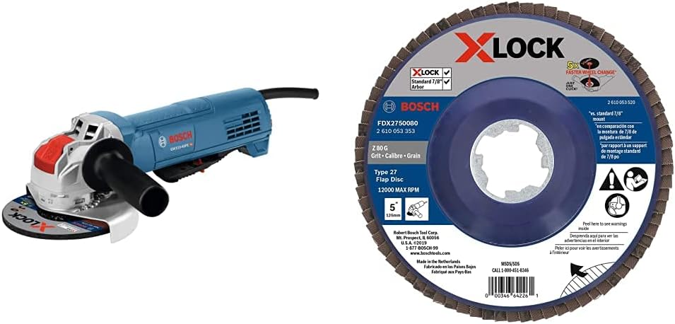 Bosch GWX10-45PE 4-1/2 In. X-LOCK Ergonomic Angle Grinder with Paddle Switch with Bosch FDX2745080 4-1/2 In. X-LOCK Arbor Type 27 80 Grit Flap Disc