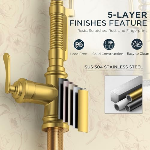 Image of FORIOUS Gold Kitchen Faucet with Pull Down Sprayer, Stainless Steel Single Handle Spring Antique Brass Kitchen Sink Faucet with Deck Plate for 1 or 3 holes, Sutiable for Farmhouse, RV, Camper, Wet Bar