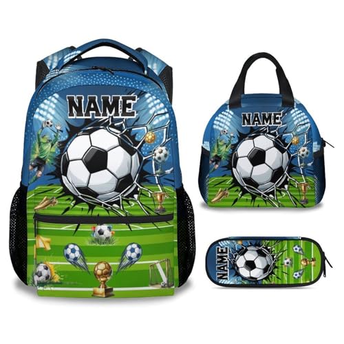 CUSPCOD Personalized Kids Backpack for Boys Soccer School Bag Set - 17 Inch Custom Elementary Middle School Sports Themed Bookbag with Lunch Box and Pencil Case