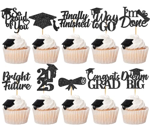 Graduation Cupcake Toppers 2025 Graduation Decorations Class of 2025 Cupcake Picks Grad Cupcake Toppers 2025 Congrats Party Decorations 2025 (40Pcs Black Glitter)