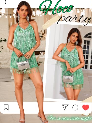 Image of Kaei&Shi Sequin Fringe Romper,Sparkly Glitter Metallic Jumpsuits For Women,Backless Shorts Dress Disco Birthday Dance Outfit