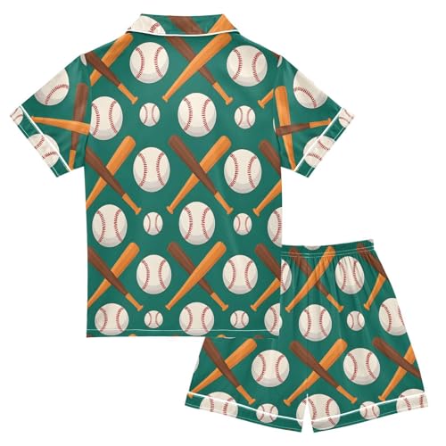 ALAZA Baseball Bat Green Satin Pajamas Set Short Sleeve Button Down Sleepwear Summer Pjs 2 Piece2