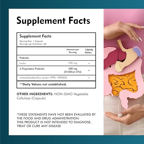 Image of Limosilactobacillus Reuteri 25 Billion CFU Probiotic Supplement for Digestion & Gut Health Support for Both Men & Women - 60 Vegetarian Capsules