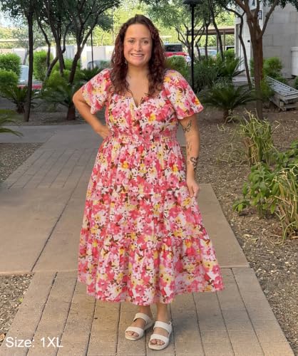 Image of RITERA Plus Size Dresses for Curvy Women Square Neck Short Sleeve Summer Floral Smocked Maxi Dress with Pocket XL-5XL