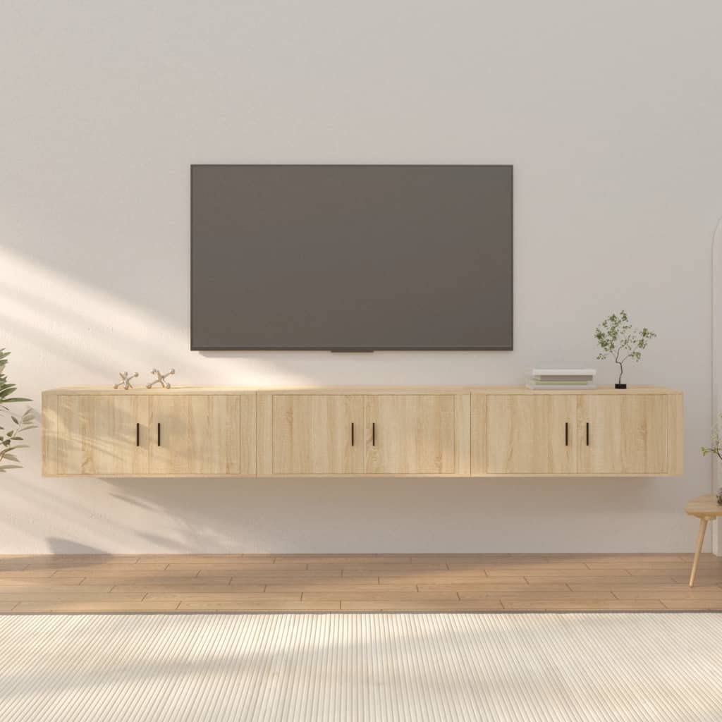 Meubles TV muraux chêne Sonoma 3 pièces pour rangement multimédia de séjour