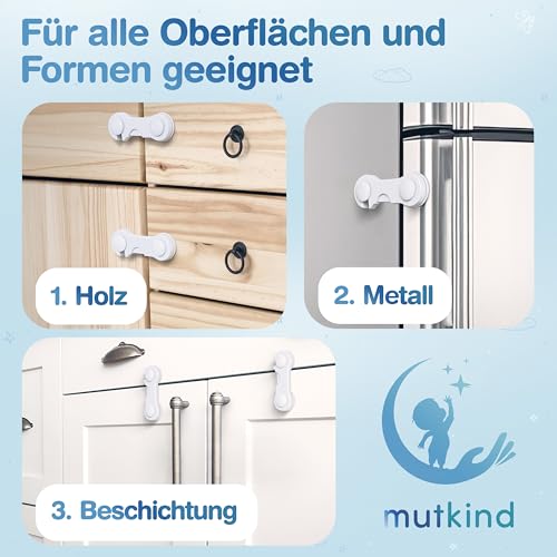 MUTKIND® 12 Stück Kindersicherung Schrank (Mit Kleber von TESA) - Extra Starker Halt - Schranksicherung Baby - Schubladensicherung für Schränke, Kühlschrank, Türen - Kindersicherung Schubladen Weiß