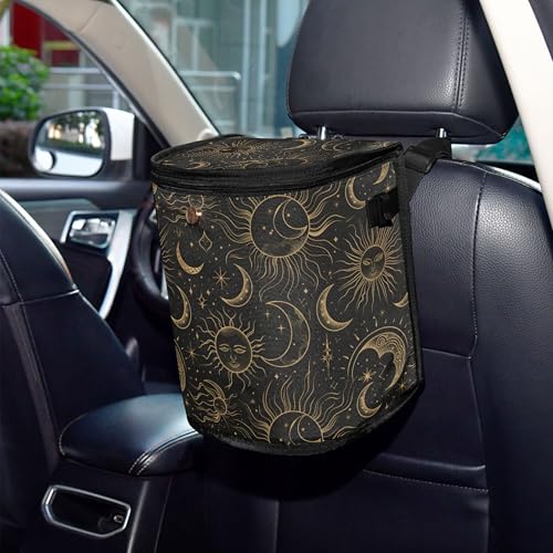 Image of MNSRUU Car Trash Can with Lid, Retro Sun and Moon Car Trash Bag Hanging Organizers and Storage for Front Back Seat, Leak-Proof Trash Bin