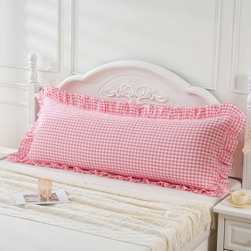 Pink/White Gingham Body Pillow Sham 20x54 inches, 100% Washed Cotton Ruffled Vintage Pillowcase Farmhouse Body Pillow Cover for Bed/Sofa