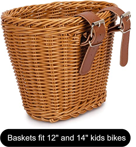 Fahrradkorb Kinder, Fahrradkorb Geflochten für Mädchen und Kinder vorne, Fahrradkörbchen Kinder aus Kunststoff, mit Lederriemen, dekorativ, abnehmbar (Braun)