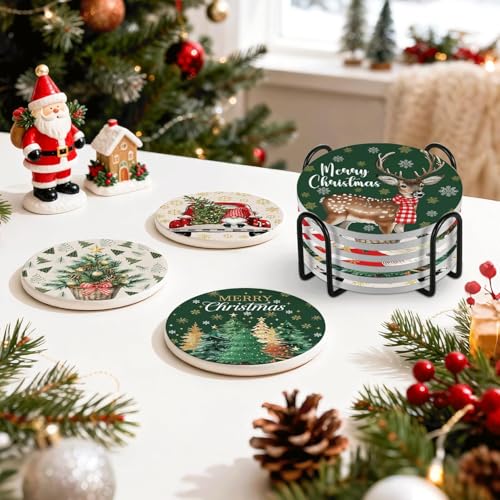 Image of Christmas Coasters Set of 6 with Metal Holder, Round Cork Drink Coasters, Santa Snowman Reindeer Tree Design, 4 Inch, Holiday Table Decor