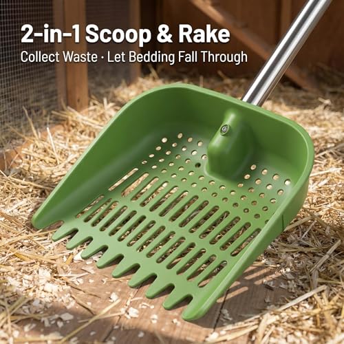 Chicken Poop Scooper, 2-in-1 Coop Scoop & Chicken Coop Rake, Sand Sifting Shovel with Adjustable Stainless Steel Handle, Up to 68 in, No-Bend Cleaning Tool - Patent-Pending