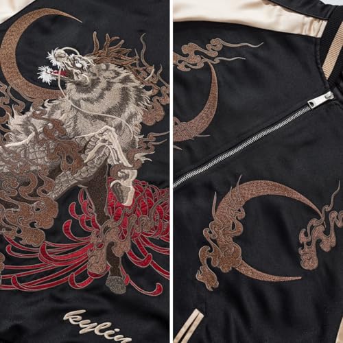 Kylin Embroidery Men's Bomber Jacket Oversized Zip Up Hip Hop Coat Vintage Japanese Style Windbreaker3
