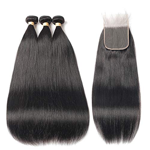 Beaudiva Hair Brazilian Virgin Straight Human Hair with Lace Closure (14 16 18+12inch, Natural Black) 8A 100% Unprocessed Straight Brazilian Virgin Hair Weave with 4x4 Lace Closure