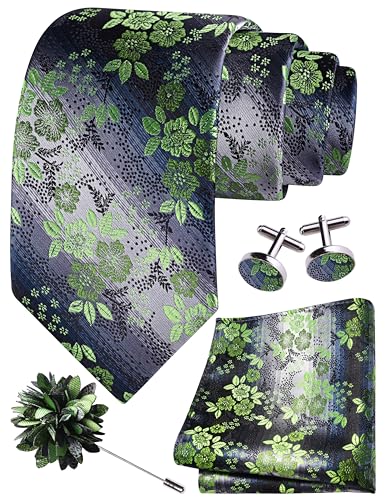 Image of GUSLESON 3.15 inch(8cm) Mens Floral Tie and Lapel Pin Necktie Hankerchief Cufflinks Set for Men