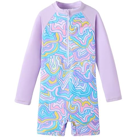 UMELOK Girls Rash Guard Swimsuits Long Sleeve One Piece Swimwear with UPF 50+ Sun Protection Zipper Bathing Suits Purple Lines,4T Cover